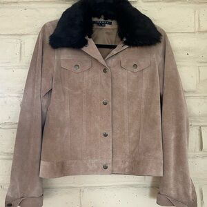 Theory Taupe Suede Jacket with Black Fur Collar